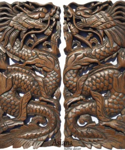 Chinese Dragon Wood Carved Wall Art Panels. Unique Asian Home Decor. 17.5”x7.5”x1" Each, Set of 2 pcs. Available Color Options