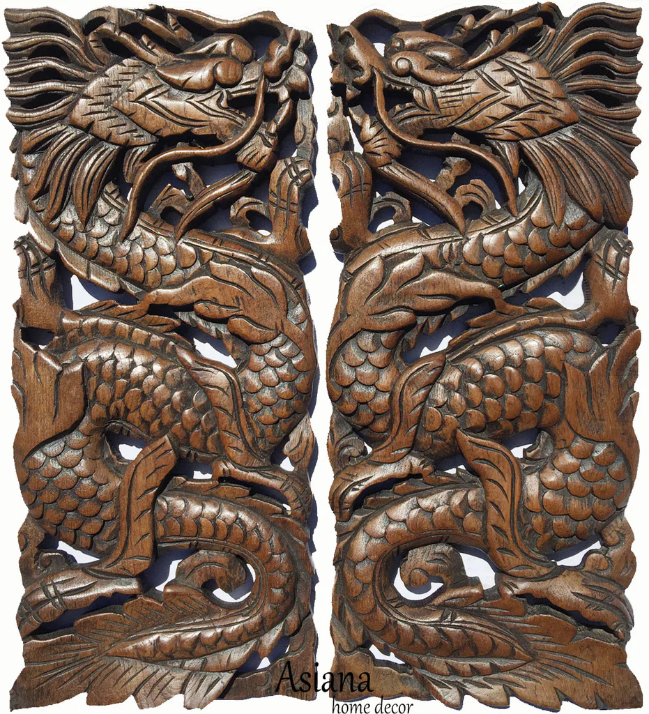 Chinese Dragon Wood Carved Wall Art Panels. Unique Asian Home Decor. 17.5”x7.5”x1" Each, Set of 2 pcs. Available Color Options
