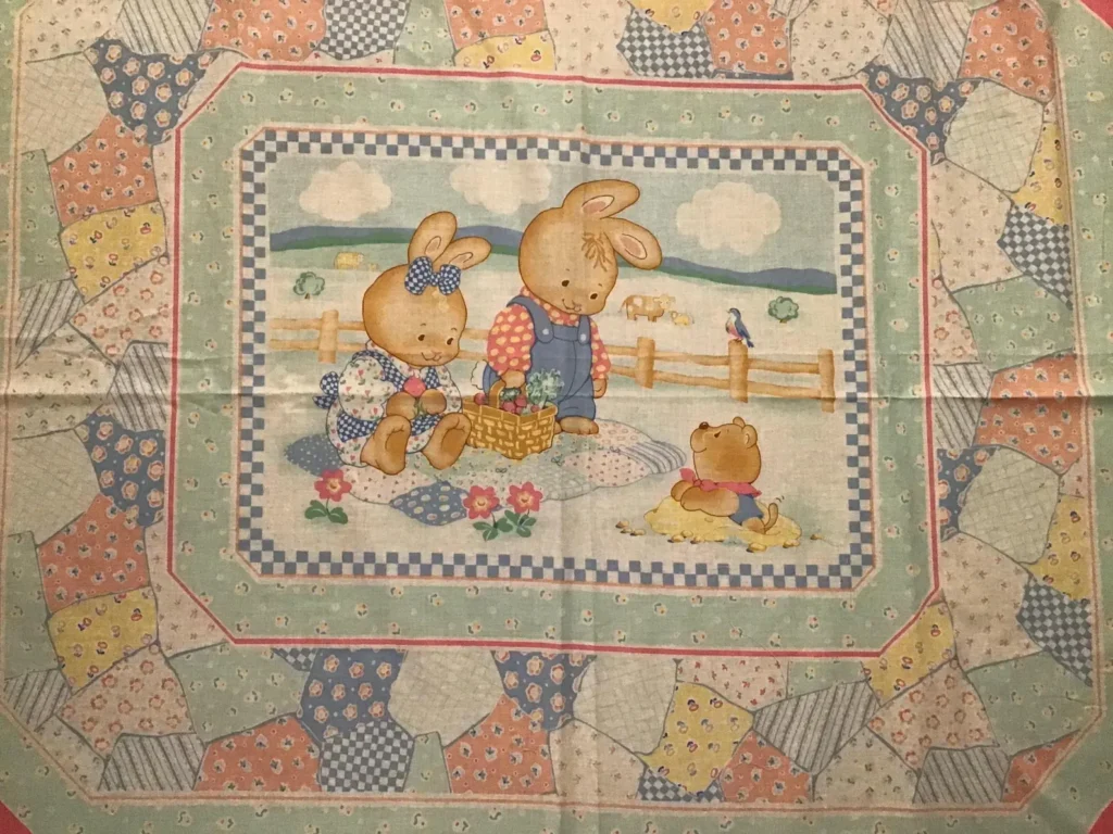 baby quilt top or wall hanging cotton fabric panel with borders bunny bear